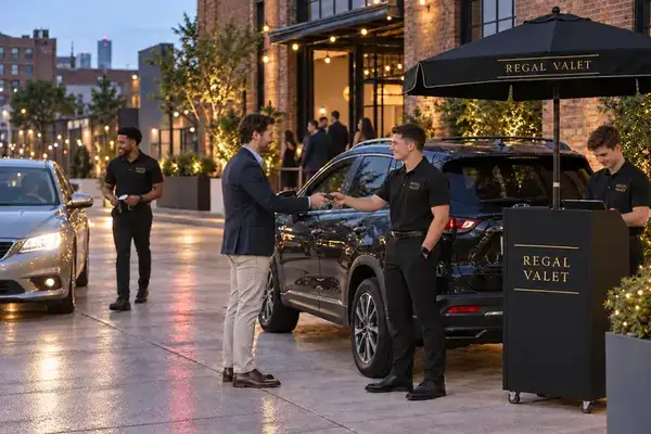 Event valet parking attendants managing vehicle arrivals in Brooklyn